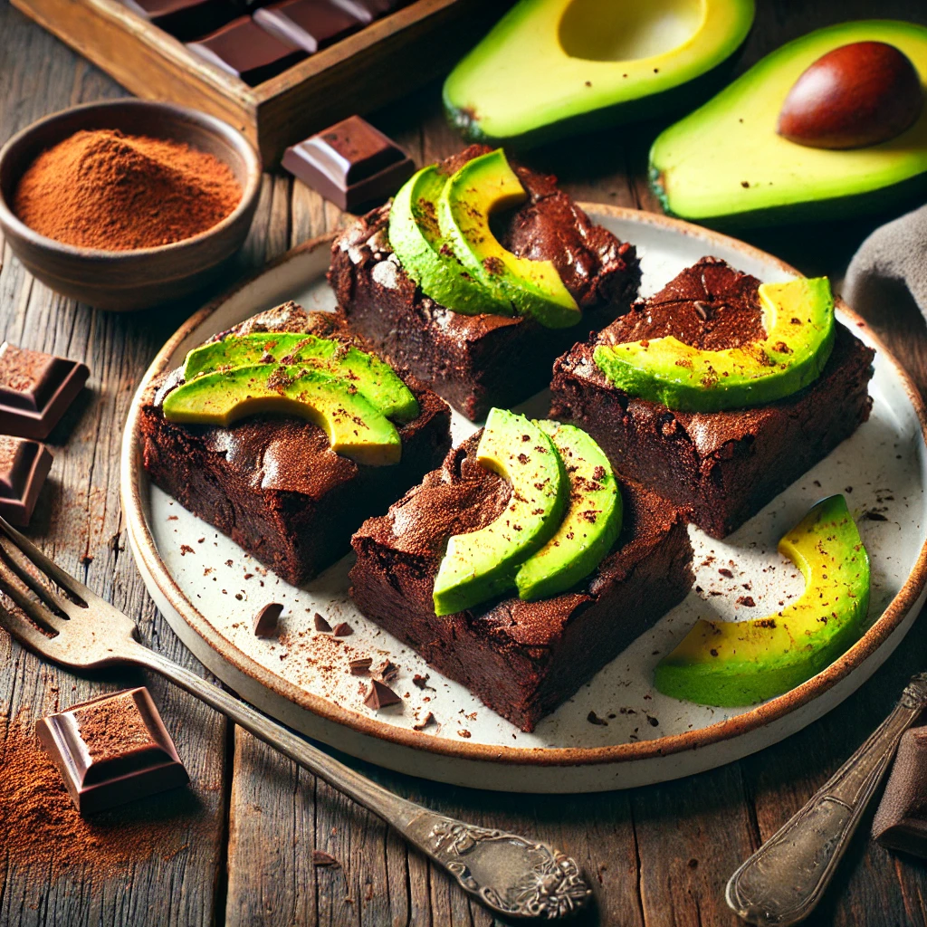 Flourless avocado brownies on a plate with fresh avocado slices